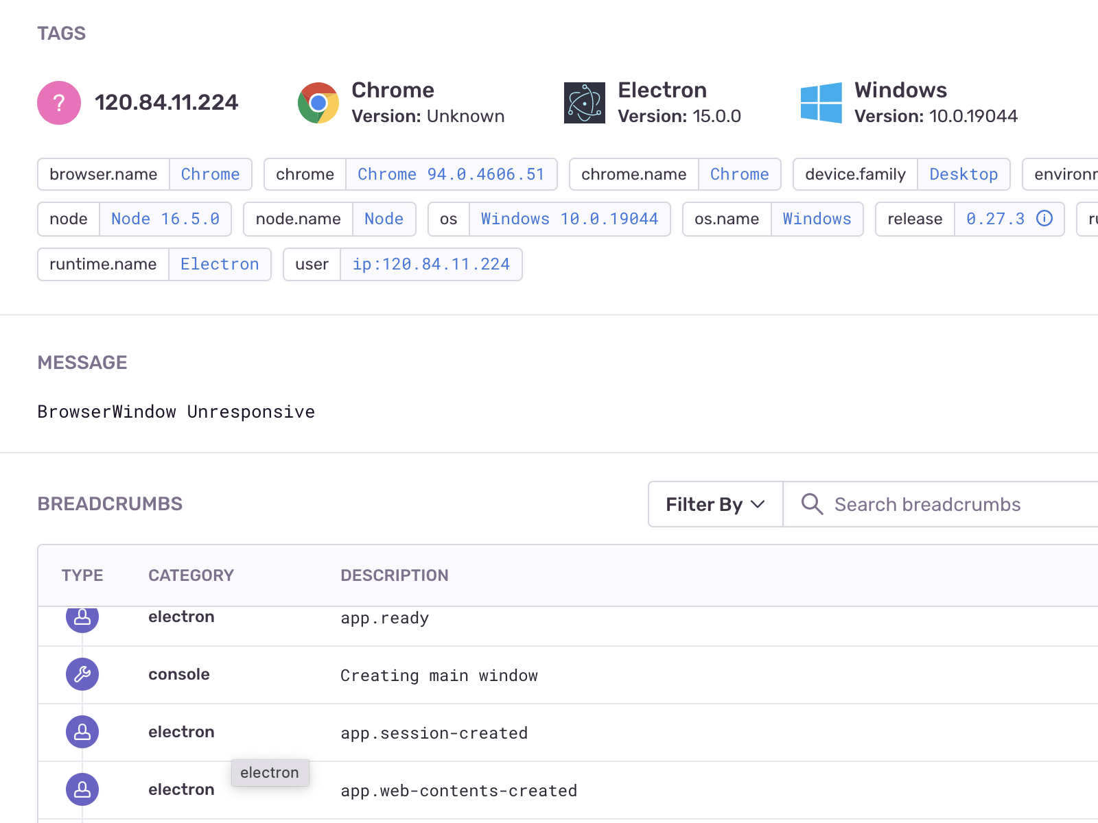  Screenshot of Sentry crash reporting ( https://sentry.io ).  Shows the error message ('BrowserWindow Unresponsive'),  user breadcrumbs, and user information.