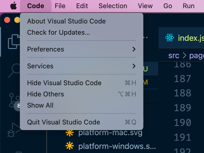  macOS operating system menu for VSCode. 'Code' menu item is selected,  and its submenu has items 'About Visual Studio Code', 'Check for Updates...', ' Preferences', 'Services', 'Hide Visual Studio Code', 'Hide Others', 'Show All', 'Quit Visual Studio Code'.